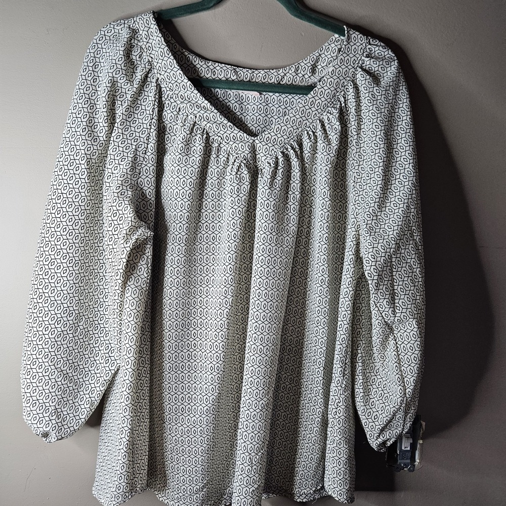 Ces Femme Women Black White Geometric Pleated Blouse Scoop Neck Long Sleeve L